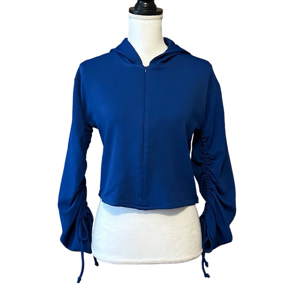 Maison‎ Cinqcent Full Zip Cropped Jacket with Ruched Sleeve SZ US Small Blue NEW